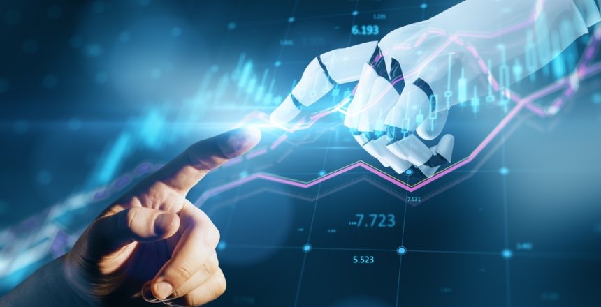 Close,Up,Of,Robot,Hand,Pointing,At,Forex,Chart,And