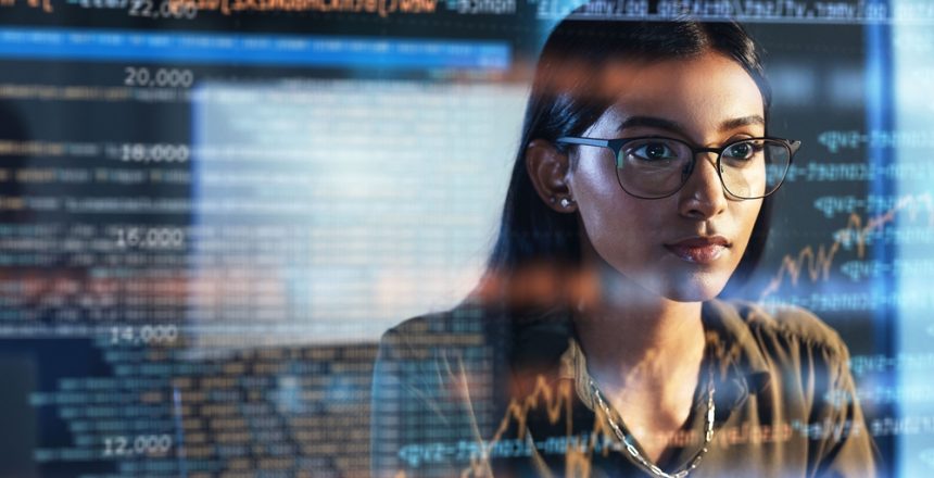 Software,,Coding,Hologram,And,Woman,In,Data,Analytics,,Information,Technology