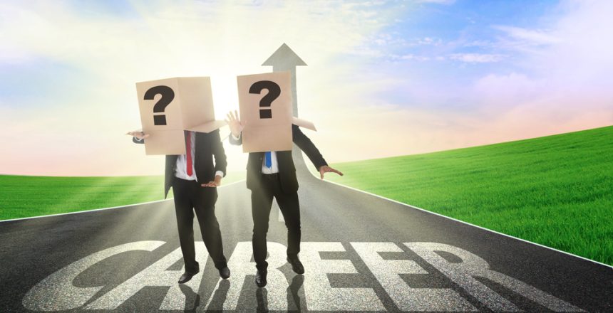 Two,Confused,Businessman,Finding,The,Career,Path,With,Heads,Covered