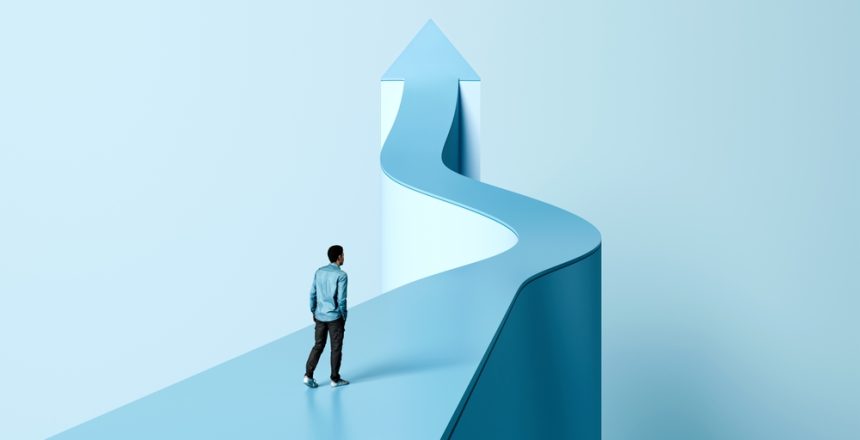Onwards,And,Upwards,,Path,To,Success,,Man,Walking,On,Arrow,