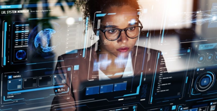 Black,Woman,Working,In,Office,And,Futuristic,Graphical,User,Interface