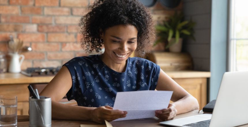 Happy,Smiling,Remote,Working,Young,Black,Female,Receive,Postal,Letter