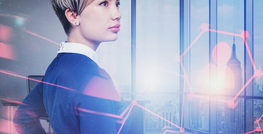 Confident,Young,Businesswoman,Standing,In,Modern,Office,With,Double,Exposure