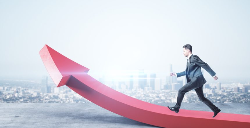 Red,Arrow,With,Running,Businessman,On,City,Background.,Growth,And