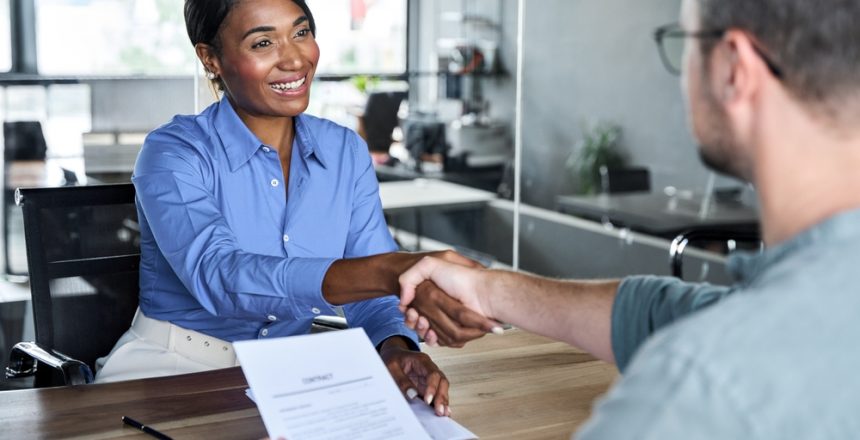 Happy,African,American,Business,Woman,Getting,Job,Handshaking,Bank,Manager